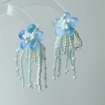 DAIIIBABYYY  -  Blue peach jade earrings Korean niche fresh and elegant flower beaded tassel earrings